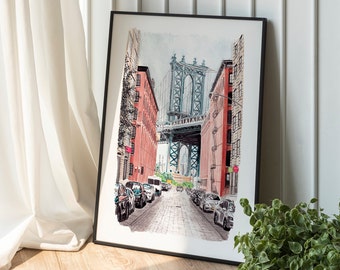 Manhattan Bridge Print, New York Wall Art, Manhattan Print, Watercolor Painting, Manhattan Cityscape, New York Art Print, Travel Art