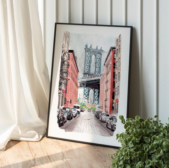 Manhattan Bridge Print, New York Wall Art, Manhattan Print, Watercolor Painting, Manhattan Cityscape, New York Art Print, Travel Art