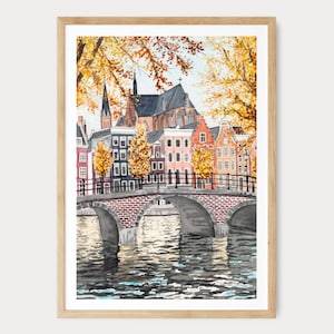 « Art mural aquarelle d'Amsterdam, impression paysage urbain néerlandais, décoration d'automne européenne, cadeau de voyage aux Pays-Bas, oeuvre » par NorrskenArt