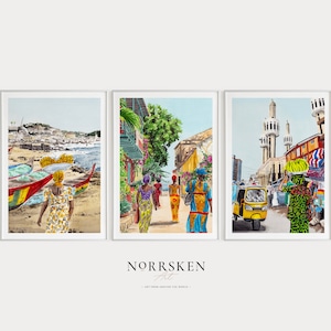 Conjunto de 3 impressões em aquarela da África Ocidental, arte de parede do Senegal, arte da Nigéria, paisagem urbana de Dakar, arte de Gana, conjunto de parede de galeria, arte de Lagos, presente de viagem