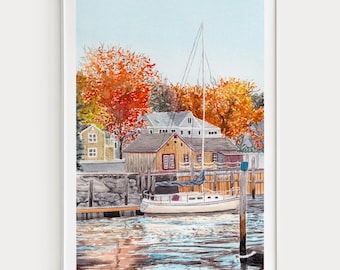 Kennebunkport Watercolor Print, Maine Wall Art, Kennebunkport Landscape Painting, New England Autumn Decor