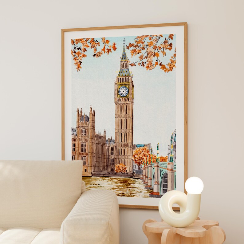 Big Ben-aquarelprint, kunst aan de muur VK, stadsgezicht Londen herfst, decor Engeland, vintage afdrukbare muurkunst, reiscadeau afbeelding 3