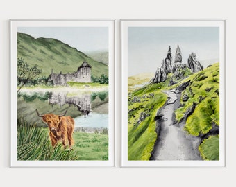 Conjunto de acuarelas de Escocia: paisajes de las Tierras Altas de Escocia, arte mural de Escocia