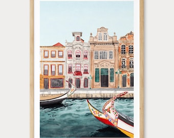 Aveiro Watercolor Print, Portugal Wal Art, Portuguese Cityscape Painting, Mediterranean Decor (Digital Download)
