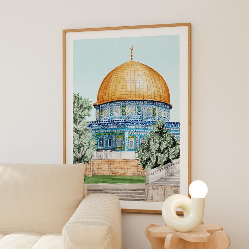 Al Aqsa Mosque Watercolor Print, Jerusalem Wall Art, Jerusalem Cityscape Painting, Middle East Decor image 3