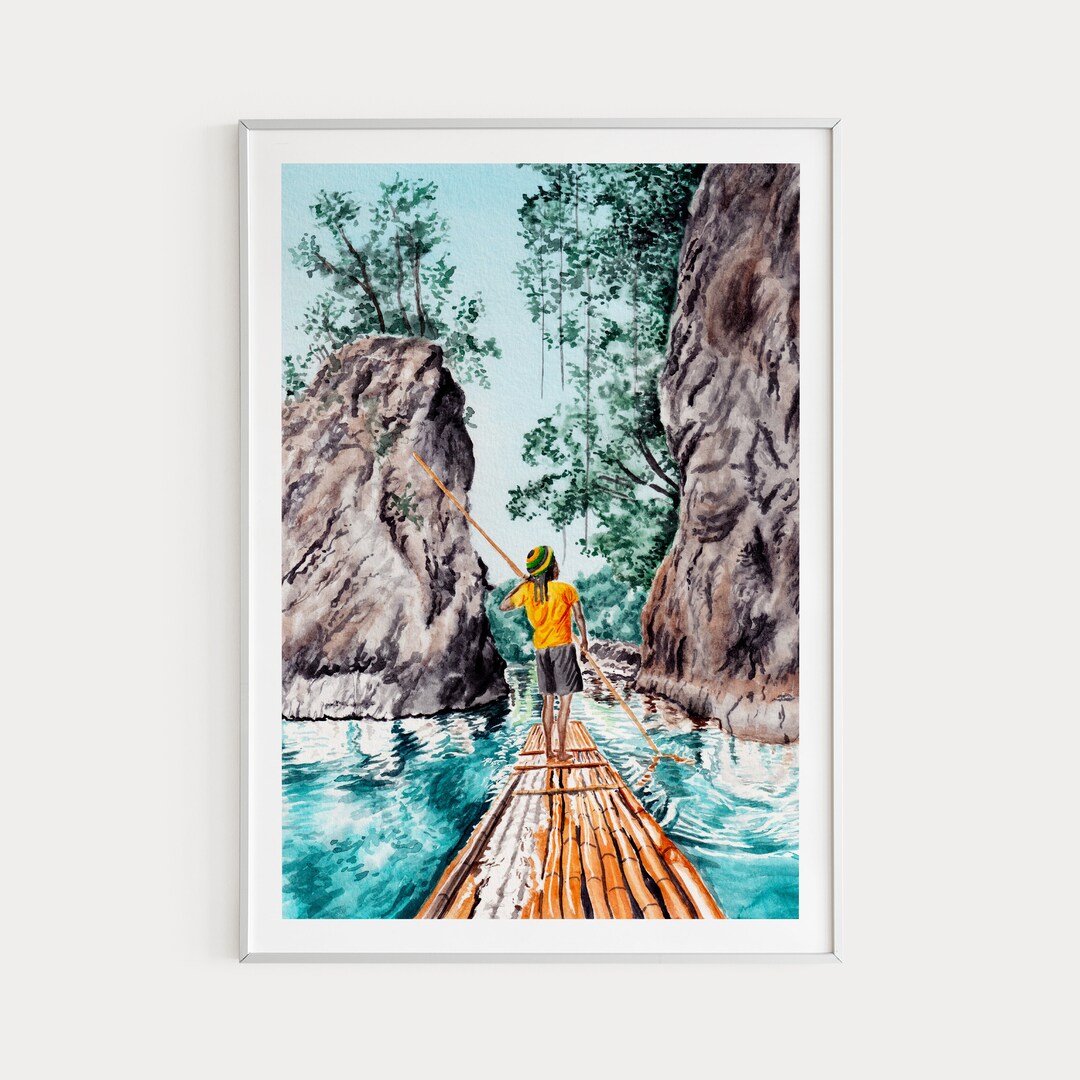 Jamaica Print, Bamboo Rafting, Jamaica Wall Art, Watercolor Print