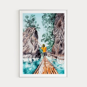 Jamaica Print, Bamboo Rafting, Jamaica Wall Art, Watercolor Print, Jamaica Landscape, Jamaica Art, Jamaica Painting, Travel Gift