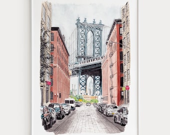 Manhattan Watercolor Print, New York Wall Art, Manhattan Cityscape Painting, NYC Decor