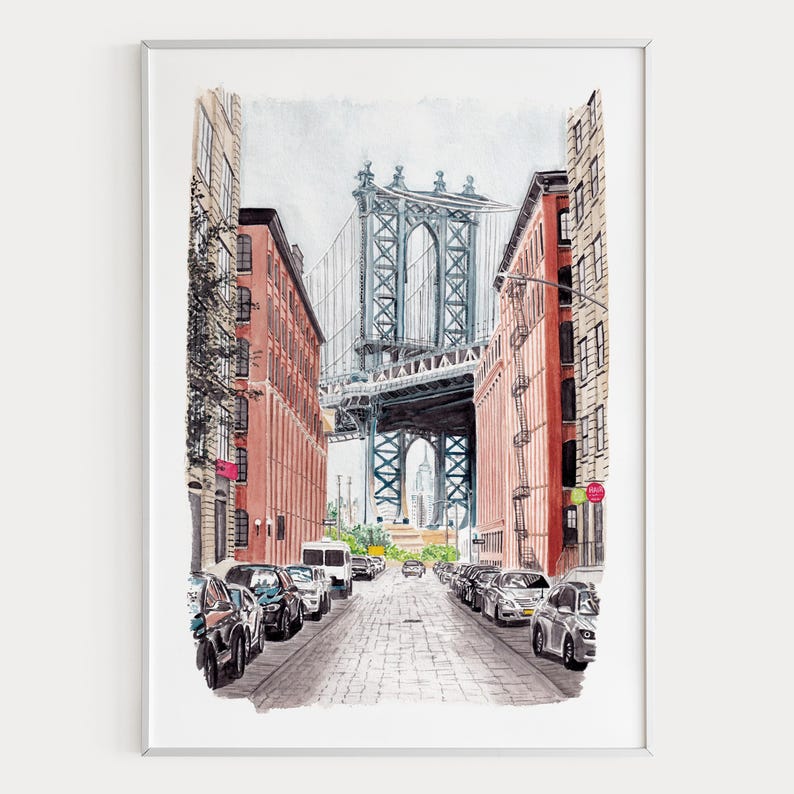 Manhattan Watercolor Print, New York Wall Art, Manhattan Cityscape Painting, NYC Decor image 1