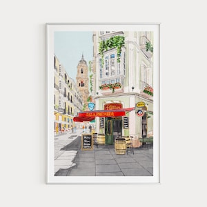 Impression Malaga, art mural Espagne, aquarelle, paysage urbain de Malaga, art de Malaga, décoration Espagne, art espagnol, impression Europe, cadeau de voyage