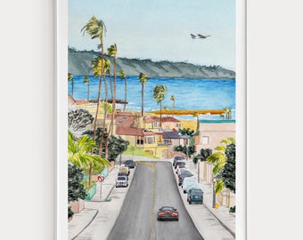 Akwarela z San Diego, sztuka ścienna z Kalifornii, obraz pejzażu miejskiego San Diego, wystrój nadmorski, prezent podróżny, NorrskenArt