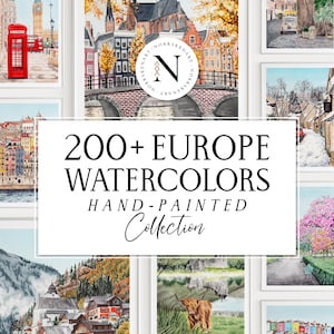 Puede incluir: Un collage digital de varias pinturas de acuarela que representan paisajes y vistas urbanas europeas, con una superposición rectangular blanca central con el texto negro 200+ EUROPE WATERCOLORS HAND-PAINTED Collection y un logotipo circular.