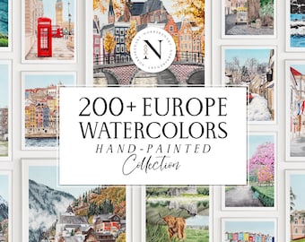 200+ Watercolor Wall Art Prints Bundle, European Landscapes & Cityscapes Collection, Hand-Painted Europe Art Set, Travel Gift