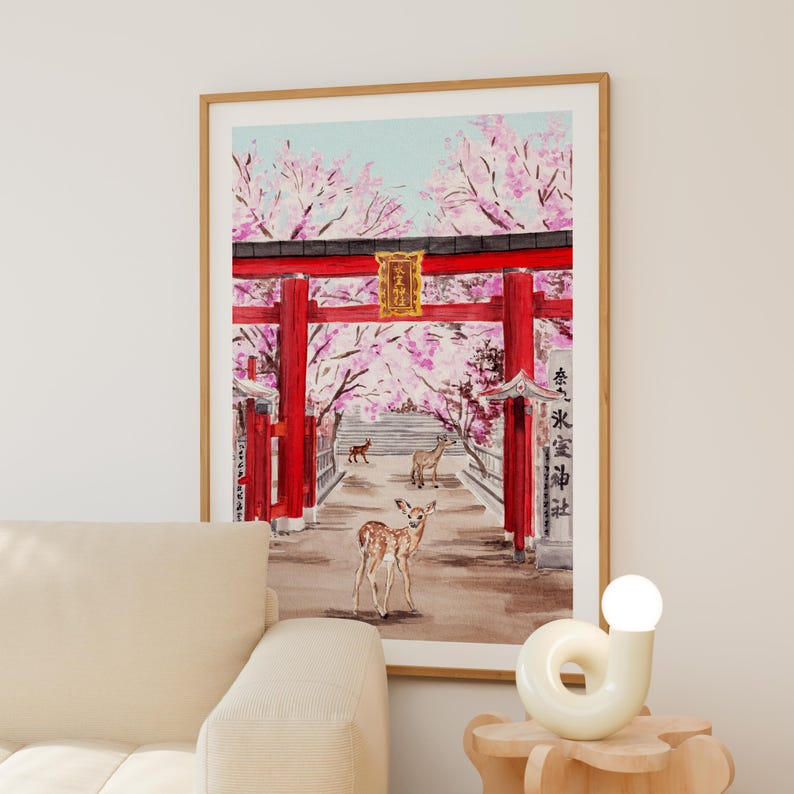 Impresión de acuarela de Nara, Japón, arte mural de primavera, pintura del paisaje urbano de Nara, paisaje de sakura, decoración japonesa imagen 5