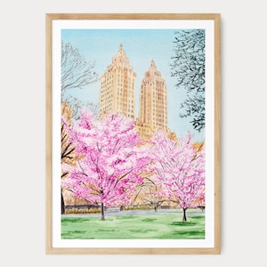 Central Park Watercolor Print, New York Spring Wall Art, Manhattan Cityscape Painting, NYC Travel Gift image 1
