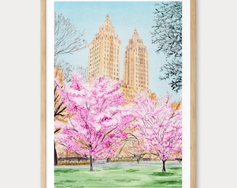 Central Park Watercolor Print, New York Spring Wall Art, Manhattan Cityscape Painting, NYC Travel Gift