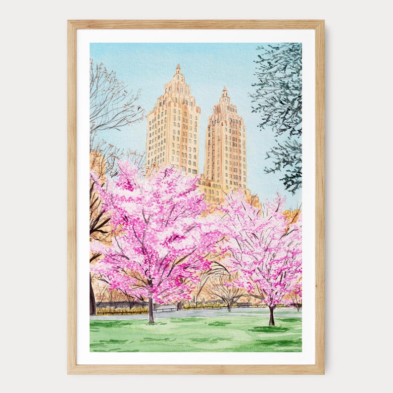 Central Park Watercolor Print, New York Spring Wall Art, Manhattan Cityscape Painting, NYC Travel Gift image 1