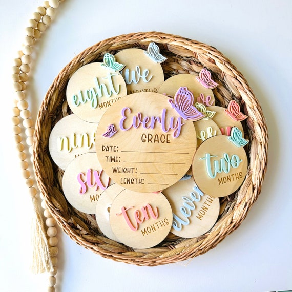 Butterfly Baby Milestone Cards: Acrylic & Wood Baby Girl Gift Set