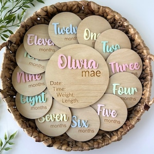 Signo de estadísticas de nacimiento en colores pastel y juego de hitos mensuales, juego de regalo para bebé, regalo de baby shower