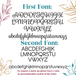 May include: Image showing two different fonts, one in a cursive style and the other in a block style. The fonts are displayed in both uppercase and lowercase letters. The text reads "First Font:" and "Second Font:" with the alphabet displayed below each.