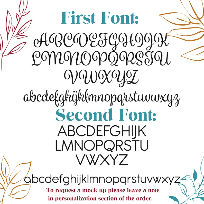 May include: Image showing two different fonts, one in a cursive style and the other in a block style. The fonts are displayed in both uppercase and lowercase letters. The text reads "First Font:" and "Second Font:" with the alphabet displayed below each.