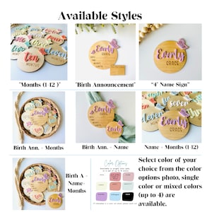 May include: A set of wooden baby name and month milestone discs in various pastel colours. The discs feature the name "Everly Grace" and the numbers one through twelve. The discs are arranged in a basket and on a white background. The text "Available Styles" is at the top of the image.