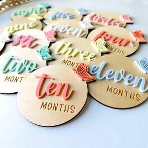 May include: A set of 12 wooden baby milestone discs with pastel coloured butterflies and numbers from one to twelve. Each disc has the word "months" engraved on it.