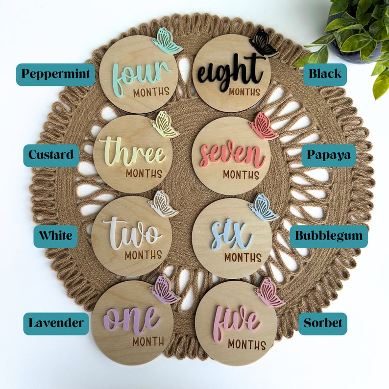 May include: Set of ten wooden baby milestone discs with painted numbers one through ten and the word "months" written below each number. Each disc has a butterfly cutout with a different colour painted on it. The discs are arranged in a circle on a woven mat.