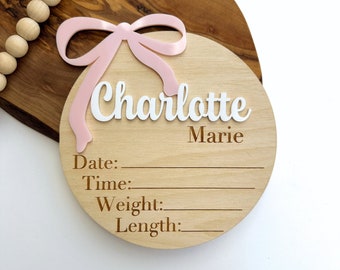 Bow Baby Girl Announcement Sign, Baby Birth Stat Sign, Baby Girl Baby Shower Gift