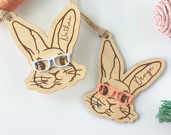 Personalized Easter Basket Tag: Engraved Bunny with Glasses