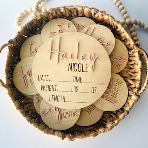 May include: A set of wooden baby milestone discs with pink lettering. The largest disc has the name "Harley Nicole" and spaces to record the baby's date, time, weight in pounds and ounces, and length. The other discs show the numbers one through twelve, with the word "months" written on each.