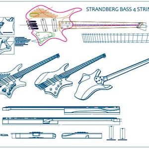 Bass guitar 4 strings fanned frets (dxf and pdf) organized for CNC Cam