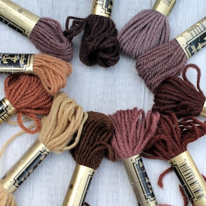 Vintage needlepoint thread scraps Tapestry wool embroidery Brown selection of 10 skeins Anchor Needlewoman gift