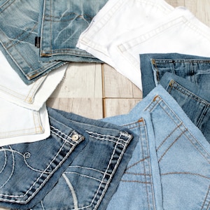 Pack of 12 recycled denim pockets Upcycled denim scraps Slow stitch pack for quilting