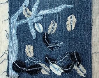 Denim boro patch Visible mending Sashiko stitching upcycled quilt Textile art collage
