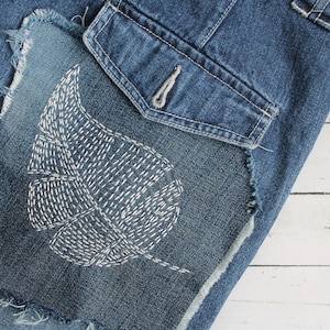 Denim boro patch Visible mending Sashiko stitching upcycled quilt Grandma gift under 30 Embroidery leaves