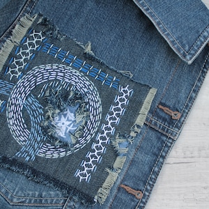 Indigo blue denim boro patch Sashiko stitching upcycled quilt Visible mending