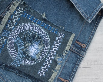 Indigo blue denim boro patch Sashiko stitching upcycled quilt Visible mending