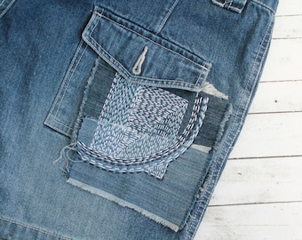 Handmade denim boro patch Sashiko stitching upcycled quilt Visible mending Grandma gift under 30