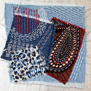 Denim boro patch Visible mending Sashiko jeans Upcycled denim patches Kraft grandma gift under 30