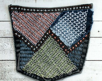 Naszywka z denimu typu boro Kieszeń z recyklingowanych jeansów Widoczne naprawy Szycie sashiko z recyklingowanej kołdry