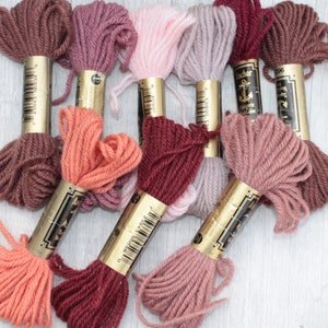Vintage needlepoint thread scraps Tapestry wool embroidery Brown pink selection of 9 skeins Anchor Needlewoman gift