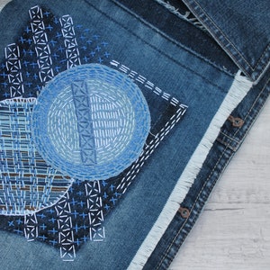 Denim boro patch Sashiko fabric stitching upcycled quilt Visible mending Grandma gift under 30