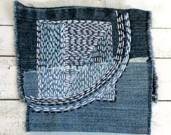 Handmade denim boro patch Sashiko fabric stitching upcycled quilt Visible mending
