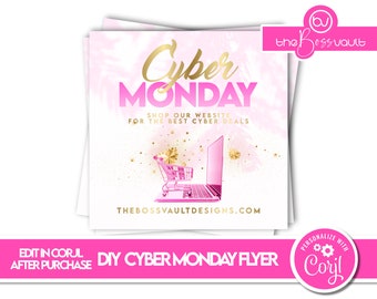 DIY Cyber Monday Social Media Flyer, Christmas Boutique Flyer Template, Black Friday Promo Flyer, Pink and Gold Flyer Template, Promo Flyer