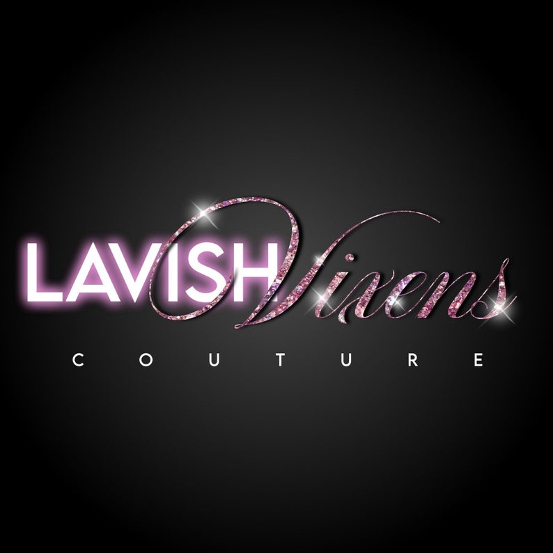 May include: A logo for a business called "Lavish Vixens Couture". The word "Lavish" is in white neon lettering and the word "Vixens" is in pink glitter lettering.