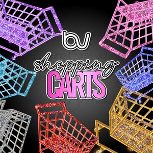 Shopping Cart Clipart, PNG Glitter Boutique Design Elements, Sparkle Fashion Clip Art, Rainbow Glitter Holographic Digital Design Elements