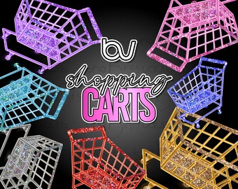 Shopping Cart Clipart, PNG Glitter Boutique Design Elements, Sparkle Fashion Clip Art, Rainbow Glitter Holographic Digital Design Elements