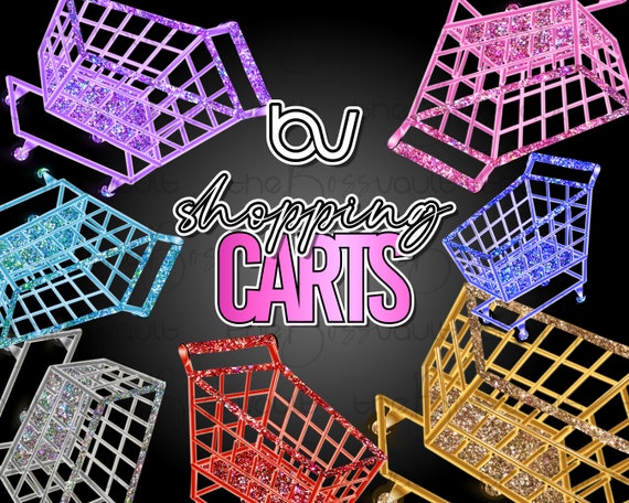 Shopping Cart Clipart, PNG Glitter Boutique Design Elements, Sparkle Fashion Clip Art, Rainbow Glitter Holographic Digital Design Elements