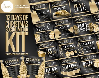 DIY 12 Days of Christmas Content Kit, Holiday Sale Flyer Bundle, Christmas Social Media Template, Black and Gold Business Template